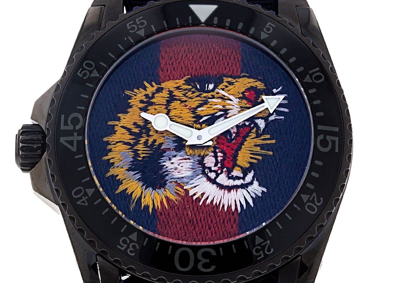 Jared Leto's character wears a Gucci watch with the brand's iconic stripes